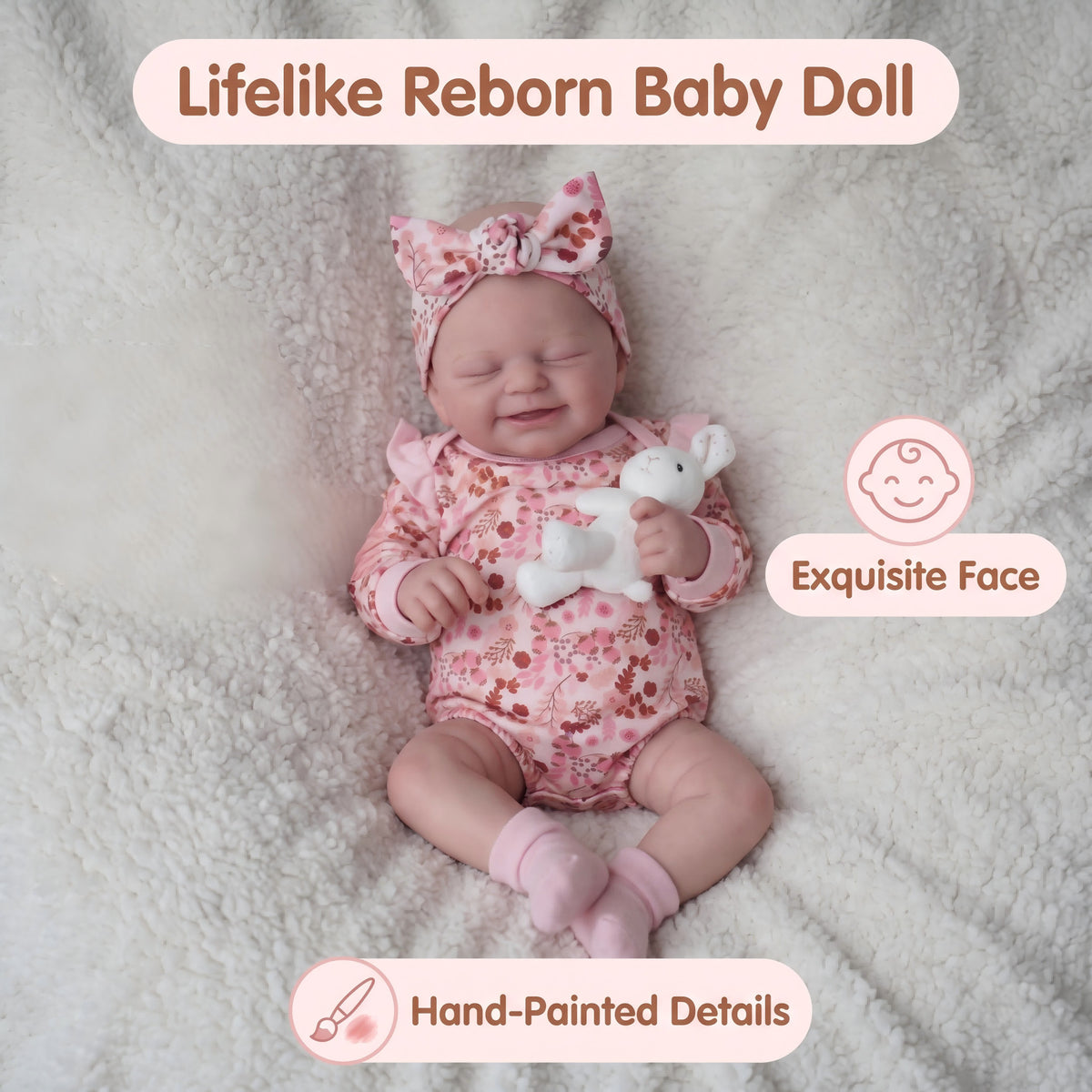 19 Zoll große, süß lächelnde Reborn-Puppe mit Stoffkörper, rosafarbenem Blumen-Outfit, Komfortspielzeug als Geschenk für Feiertage