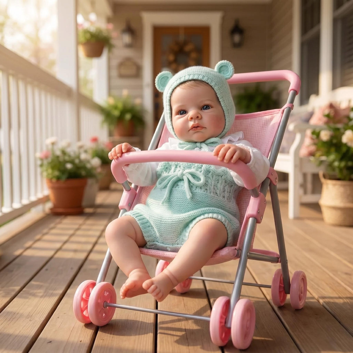 19-Zoll-Reborn-Puppe mit Stoffkörper, Mütze mit Bärenohren und strukturiertem Strick-Strampler, Deko-Objekt für das Kinderzimmer