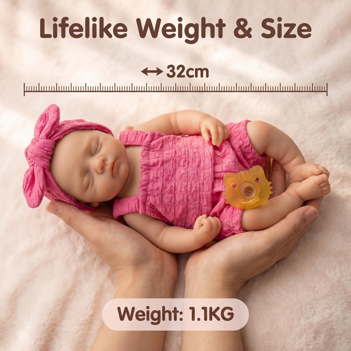 Rosenrotes Bubble-Outfit, 12-Zoll-Reborn-Babypuppe aus Vollsilikon, schlafend, mit übergroßer Schleife am Turban, geschlossene Augen, Mini-Neugeborenes, Sammlerpuppe
