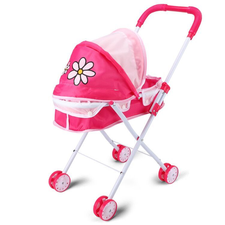 Realistischer Puppenwagen mit 4 Rädern, verstellbarem Griff & Verdeck, sicherer Spielzeug-Kinderwagen für Mädchen ab 3 Jahren