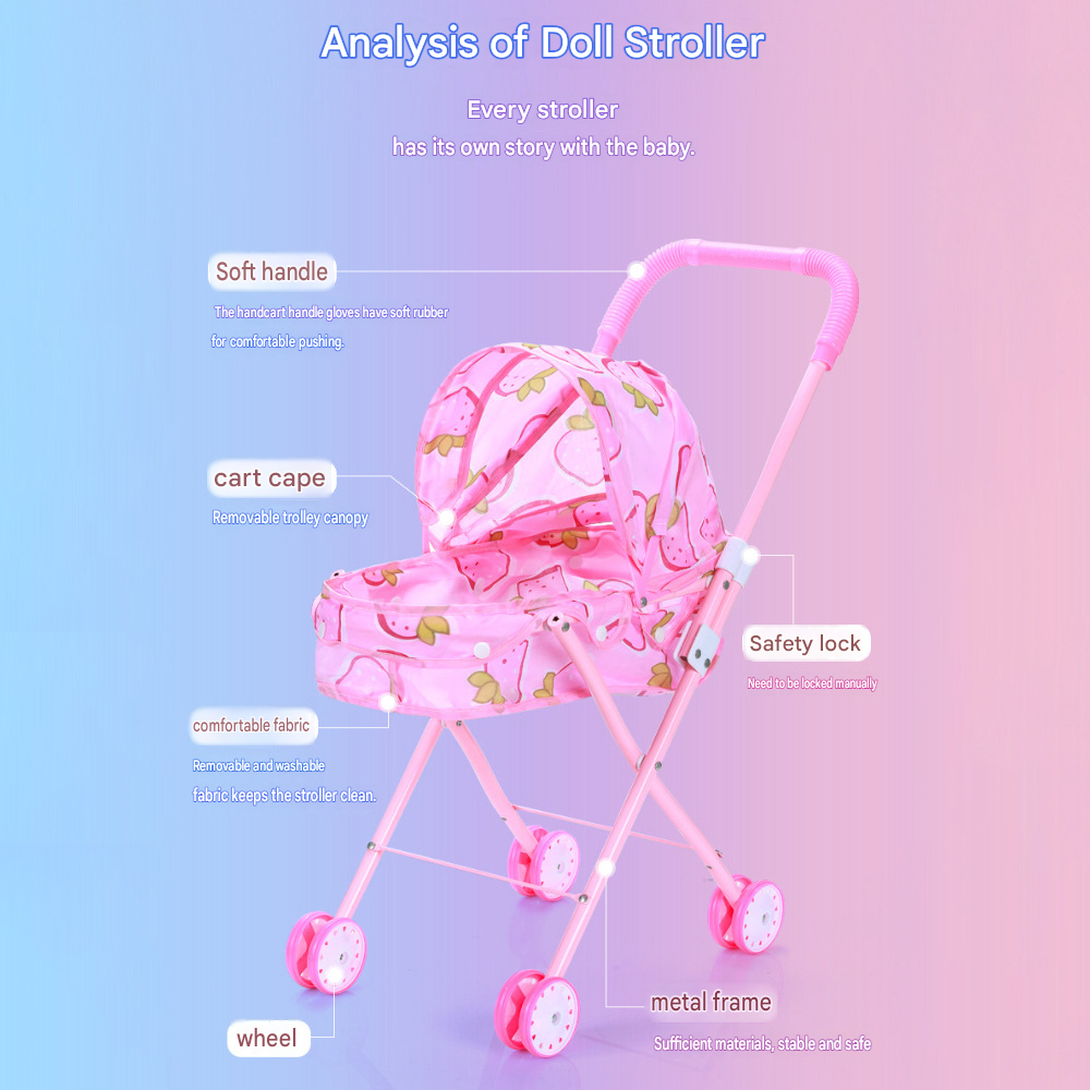 Realistischer Puppenwagen mit 4 Rädern, verstellbarem Griff & Verdeck, sicherer Spielzeug-Kinderwagen für Mädchen ab 3 Jahren