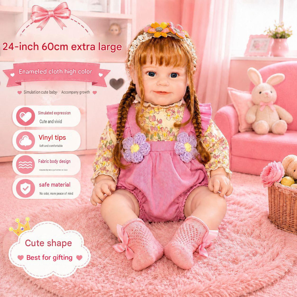 Durchdachte 24-Zoll-Puppe mit Stoffkörper, ideale Geschenkidee für Geburtstage und Feiertage